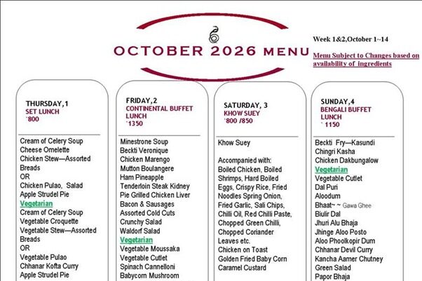 October 2026 Menu~ Oct 1~14
